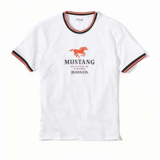 Bílé tričko Mustang s červeným koněm a barevnými lemy COSMO MUSTANG